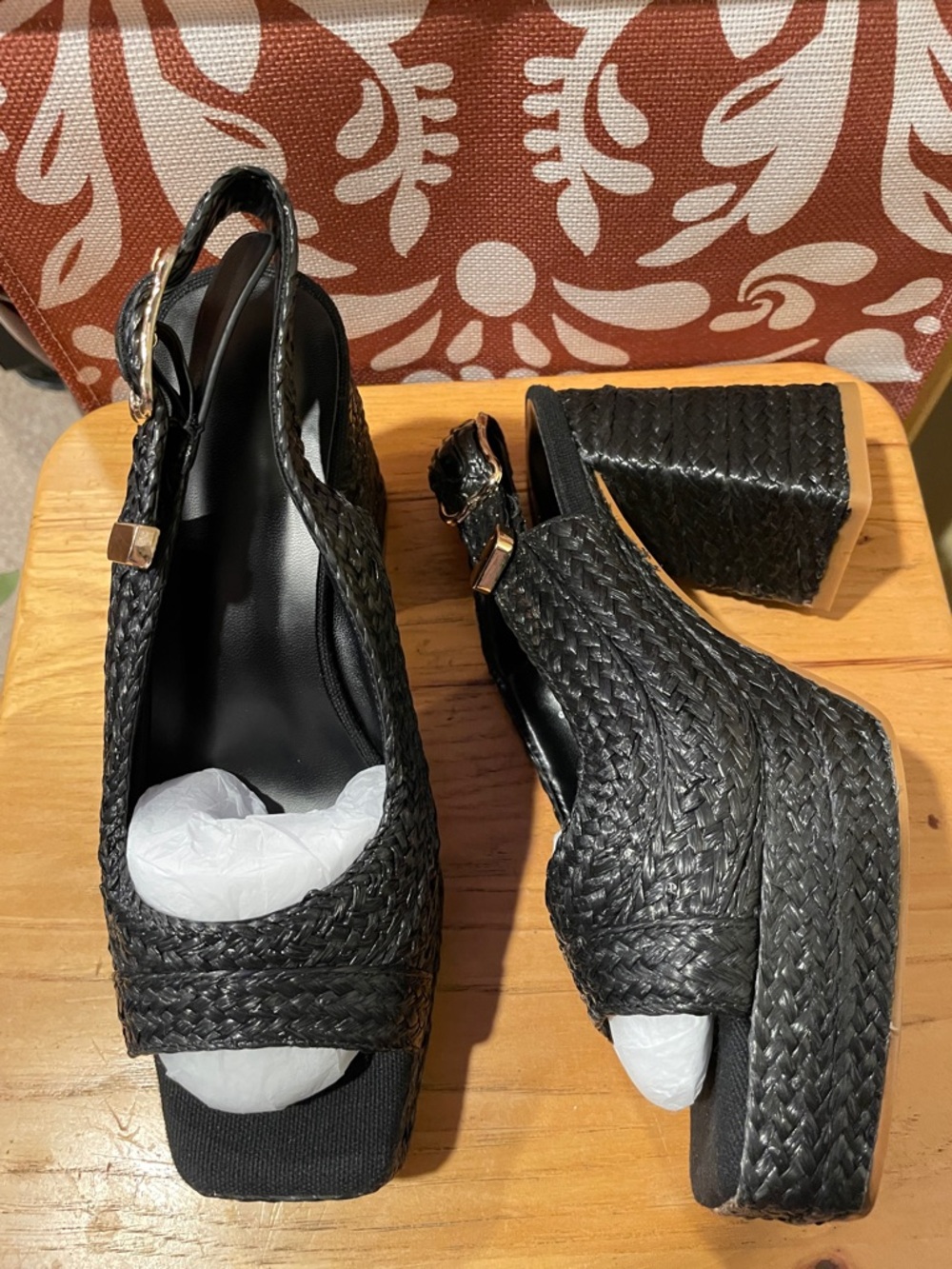 Black Woven Platform Slingback Heels
